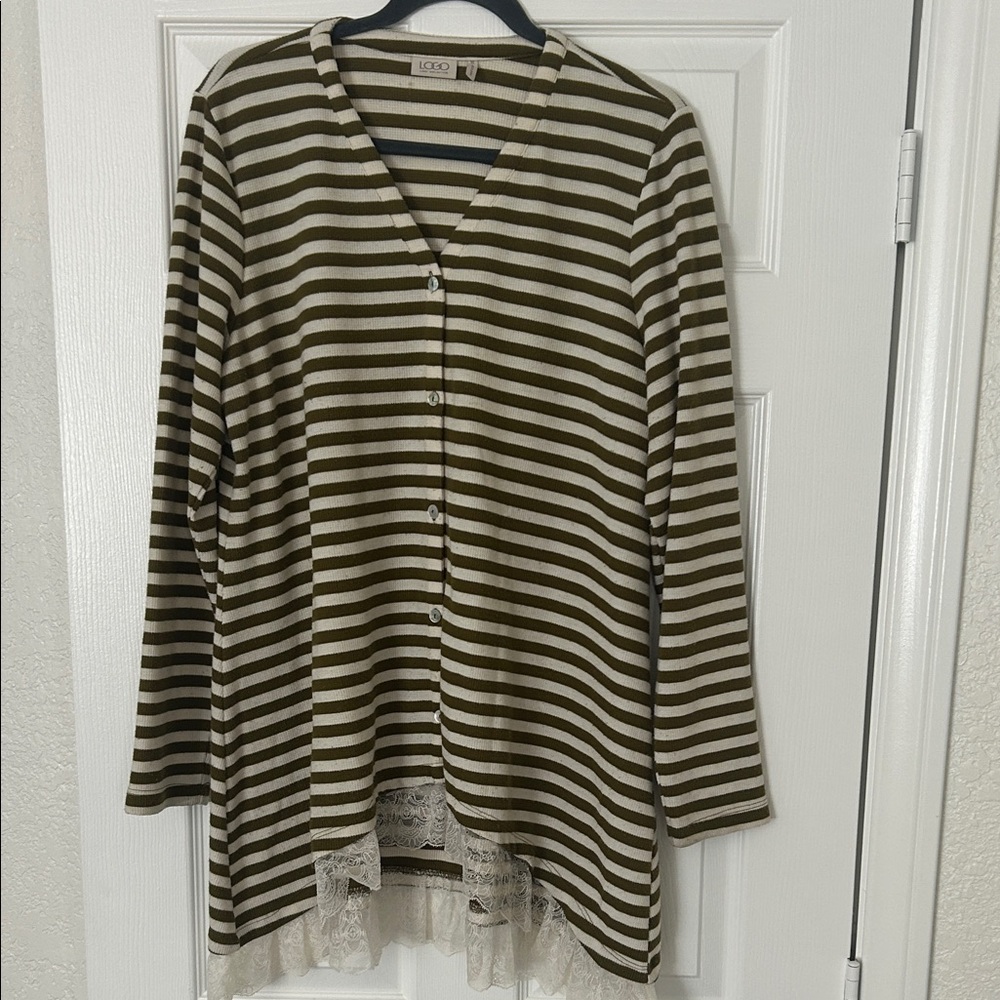 LOGO by Lori Goldstein Olive Striped Button Down Shirt with Lace Hem